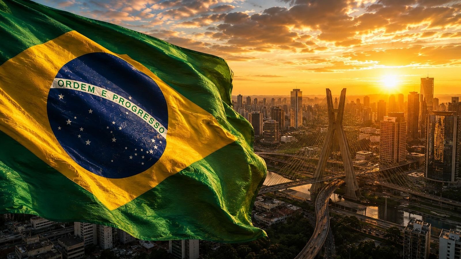 Bandeira do Brasil ao pôr do sol sobre a cidade de São Paulo