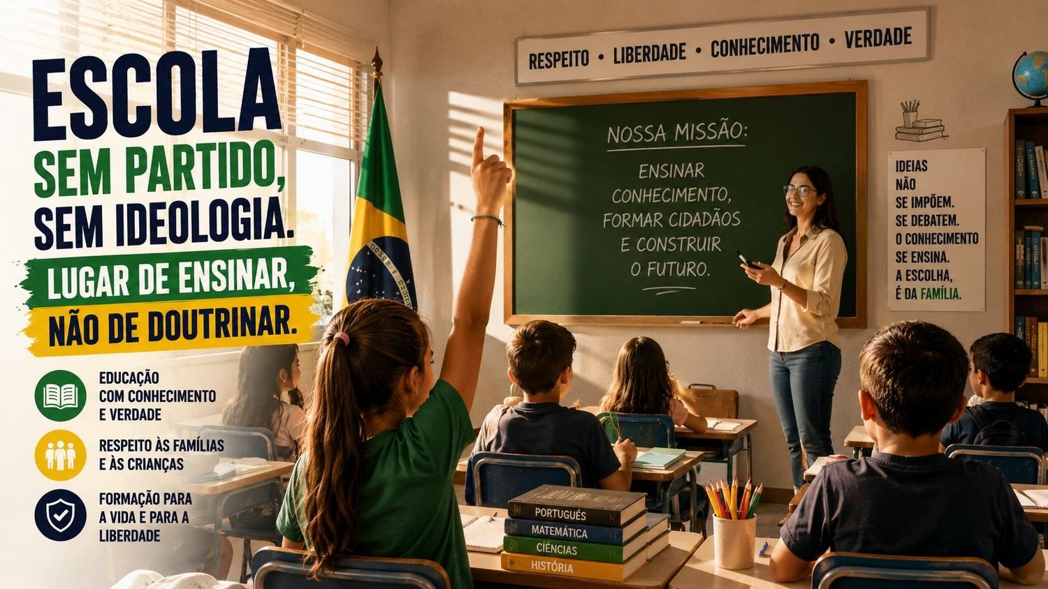 Cartaz: escola é lugar de ensinar, não de doutrinar. Educação com conhecimento e verdade, respeito às famílias e às crianças, formação para a vida e para a liberdade.