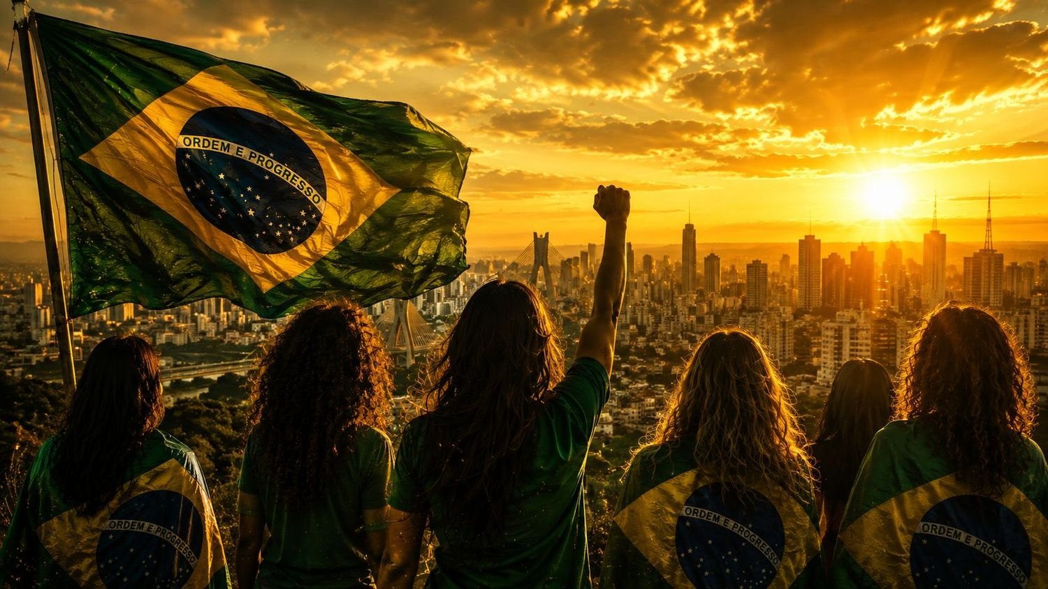 Mulheres com camisetas do Brasil observando o amanhecer sobre a cidade, com a bandeira nacional erguida